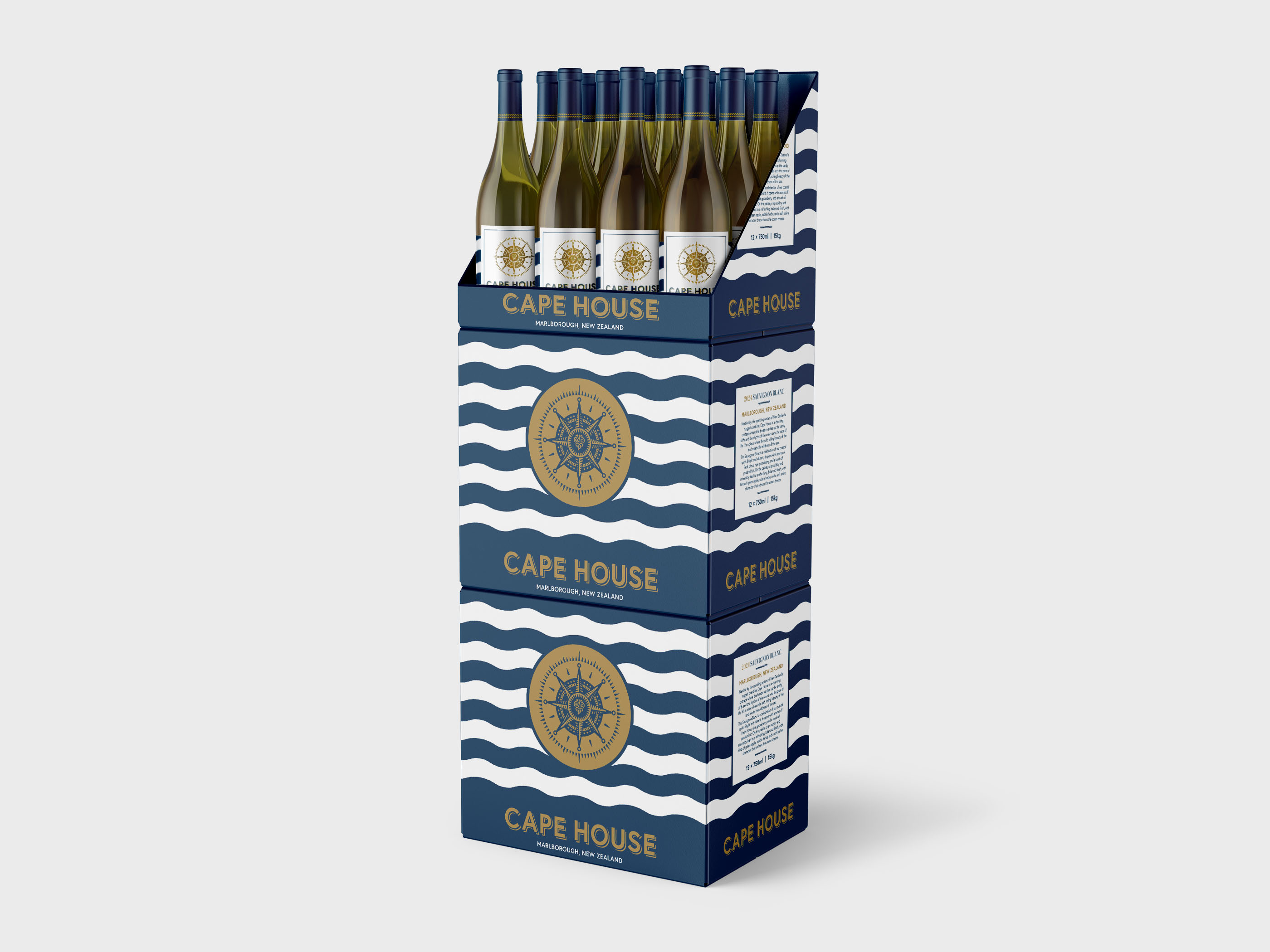 Cape House Sauvignon Blanc wine case with nautical wave design